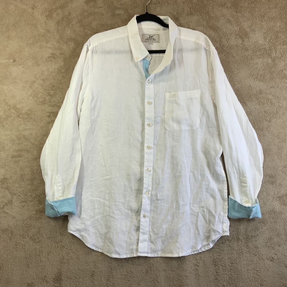 Madda Fella 100% Linen Shirt Mens Large White Button Down Flip Cuff Long Sleeve